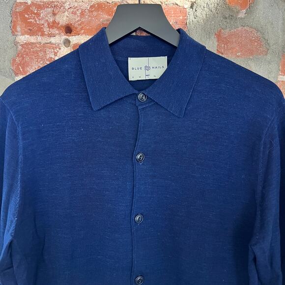 Blue Nails Thailand Indigo Men's Button Up Cardigan Fine Gauge Sweater Shirt L - Picture 1 of 6